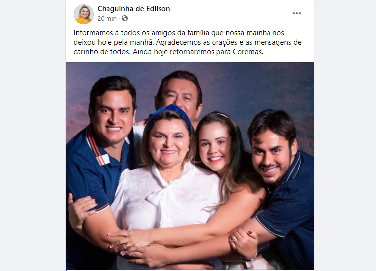 Prefeita de Coremas, Chaguinha de Edilson, morre em decorrência da covid-19