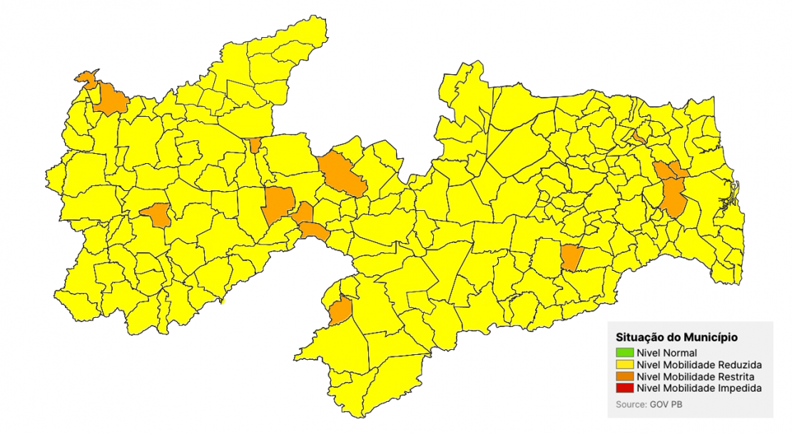 Paraíba passa a ter 100% dos municípios em bandeiras laranja e amarela