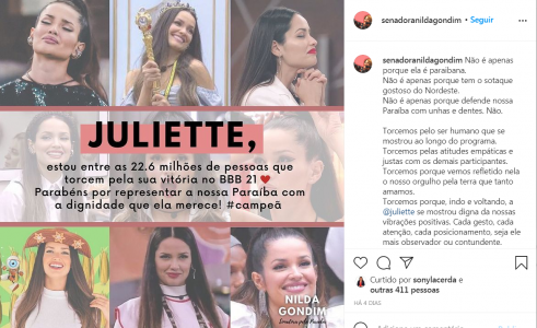 Na reta final do BBB 21, políticos paraibanos fazem campanha para Juliette Freire