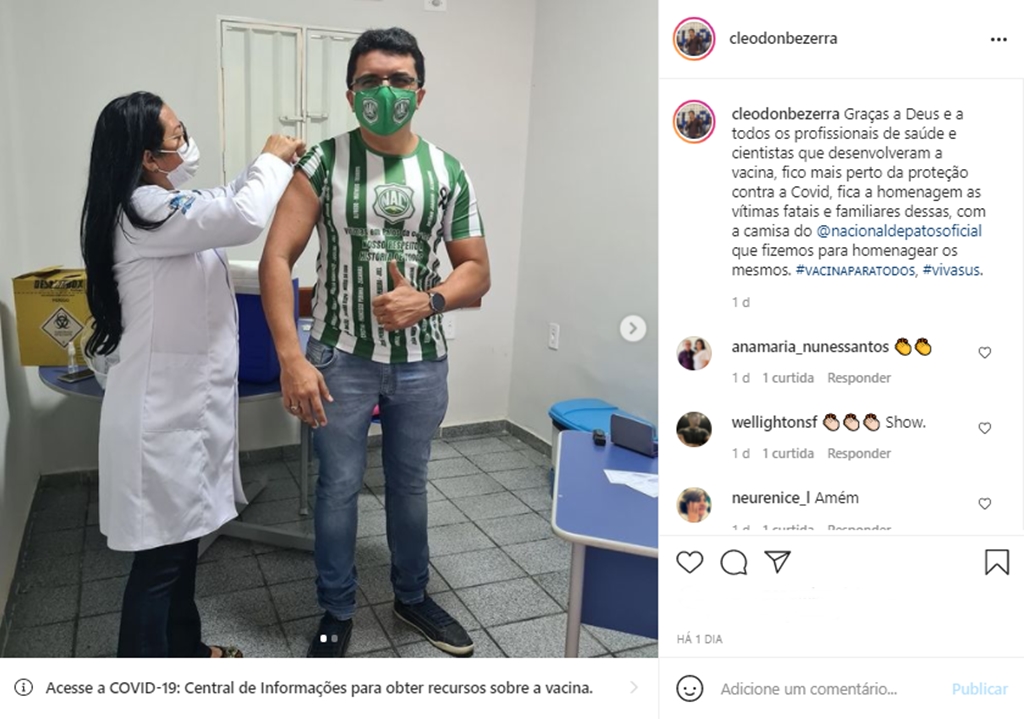 Presidente do Nacional de Patos, Cleodon Bezerra é vacinado contra a Covid-19