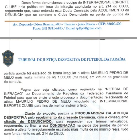 Procuradoria do TJDF-PB acolhe denúncia do Botafogo-PB e pede perda de pontos do Internacional-PB no Paraibano Sub-20