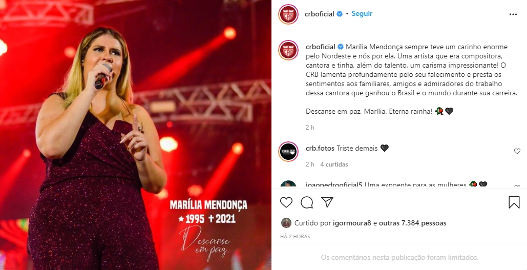 Clubes e atletas paraibanos se solidarizam com a morte de Marília Mendonça