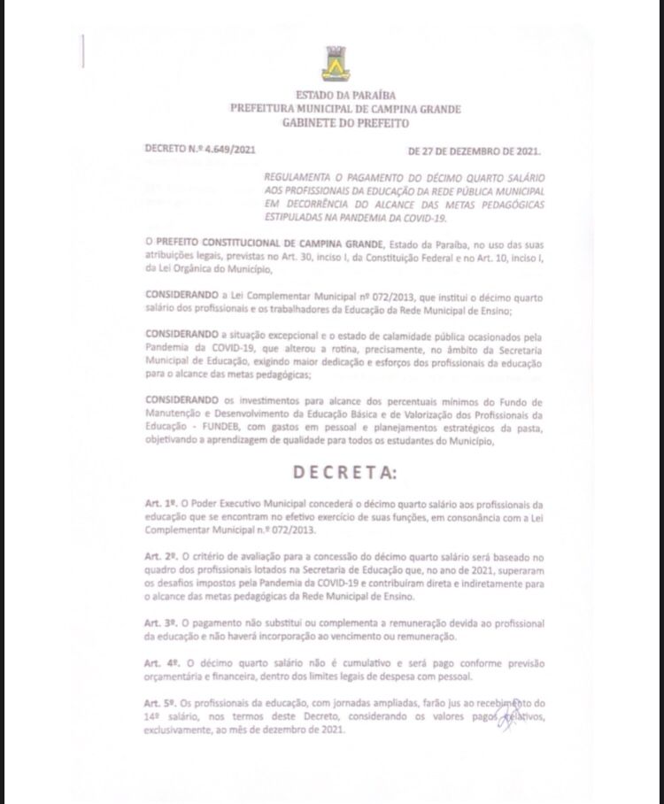 Bruno assina decreto que autoriza pagamento do 14º salário da Educação; veja o documento