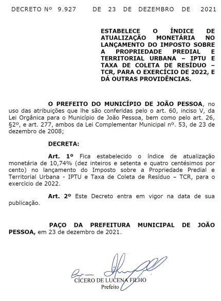 Contas de 2022: prefeitura de João Pessoa reajusta IPTU e TCR em 10,74%