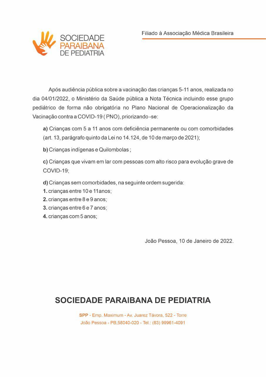 Em nota, Sociedade Paraibana de Pediatria incentiva vacinação de crianças contra Covid-19