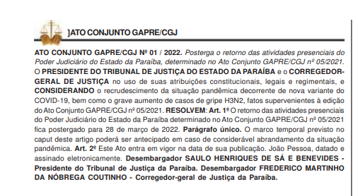 Com avanço da ômicron e da H3N2, Justiça da Paraíba adia retorno das atividades presenciais