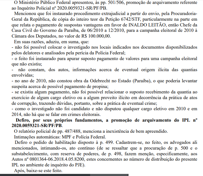 Justiça arquiva inquérito que citava ex-deputado da Paraíba em 'Caixa 2' da Odebrecht