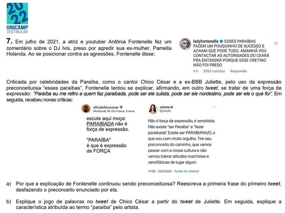 Vestibular da Unicamp cita tuítes de Juliette e Chico César que falam sobre xenofobia