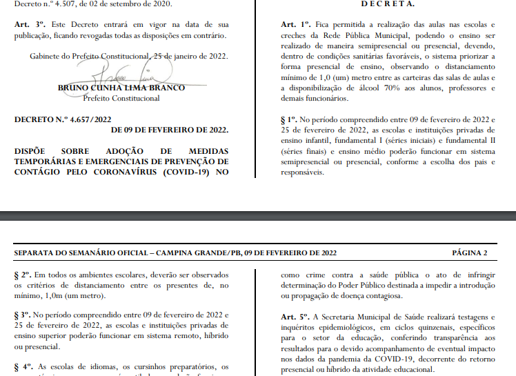 Decreto define regras para retorno das aulas em escolas públicas e privadas em Campina Grande