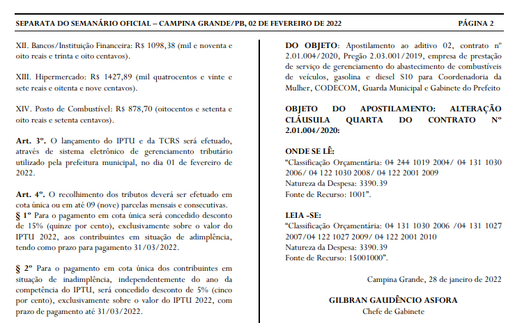 Prefeitura publica reajuste do IPTU em Campina Grande e prazos para pagamento