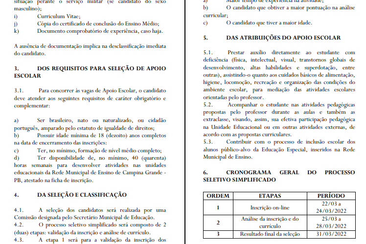 Prefeitura de Campina Grande publica edital para contratar cuidadores escolares; veja regras e vagas