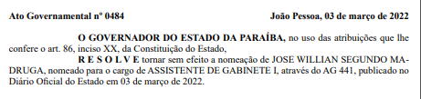 Após registro do Blog, Governo torna sem efeito nomeação de ex-prefeito paraibano