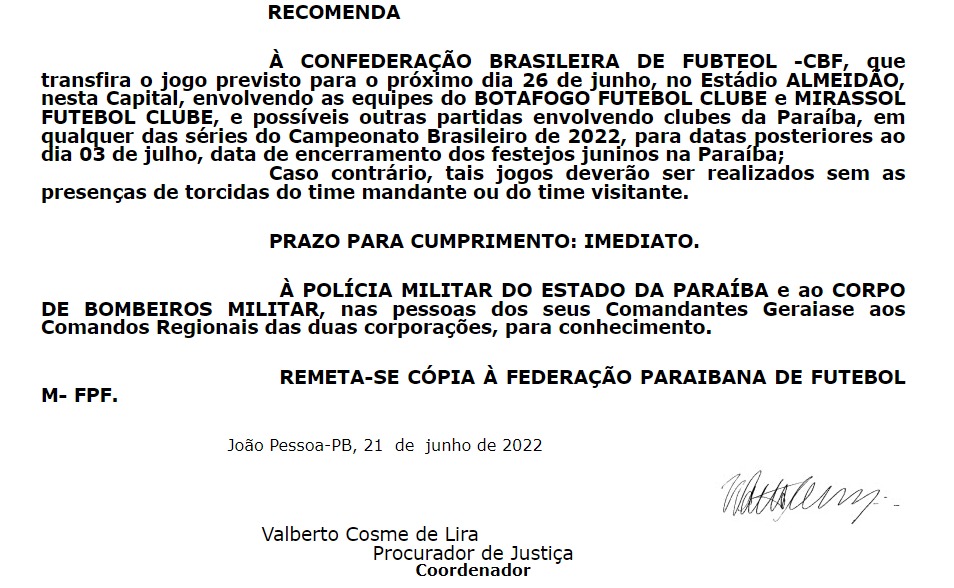 Ministério Público recomenda que clubes paraibanos joguem após o dia 3 na Paraíba ou sem torcida nos estádios
