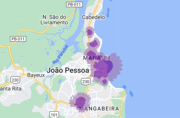 Mapa de locais em João Pessoa onde o sinal 5G da Vivo funciona em João Pessoa