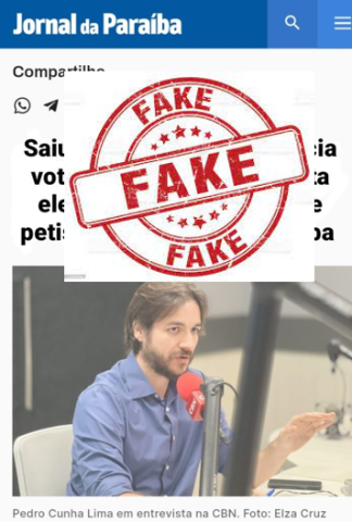 É FAKE ‘print’ com marca do Jornal da Paraíba que traz Pedro anunciando voto para Bolsonaro