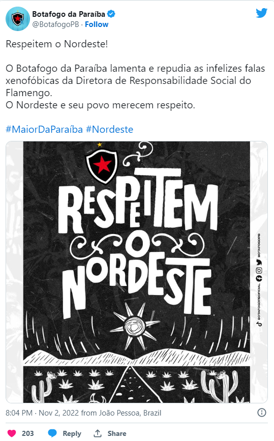Botafogo-PB e Campinense saem em defesa dos nordestinos após fala de diretora do Flamengo