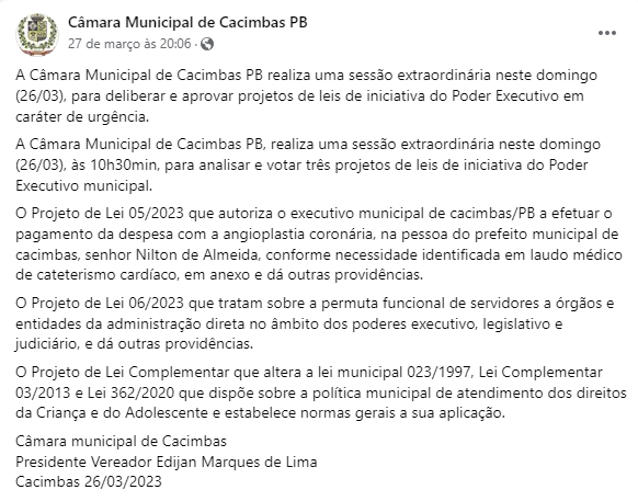 Vereadores de Cacimbas, no Sertão da Paraíba, aprovam lei para população "bancar" cirurgia de prefeito