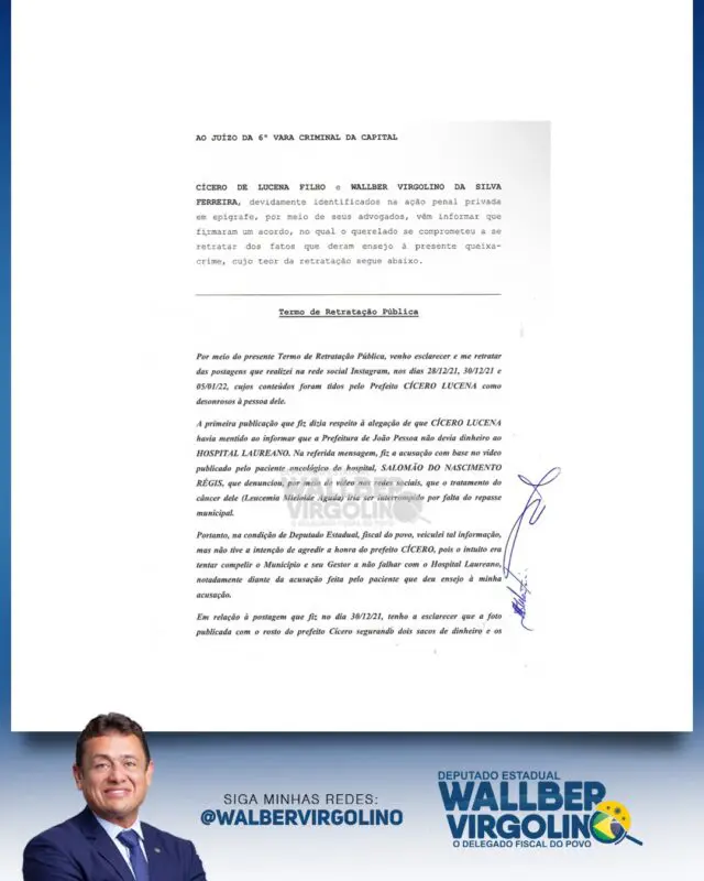 Wallber publica retratação após fake news contra prefeito Cícero Lucena