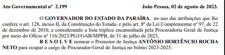 Nomeação de Antônio Hortêncio como procurador-geral de Justiça é publicada no DOE