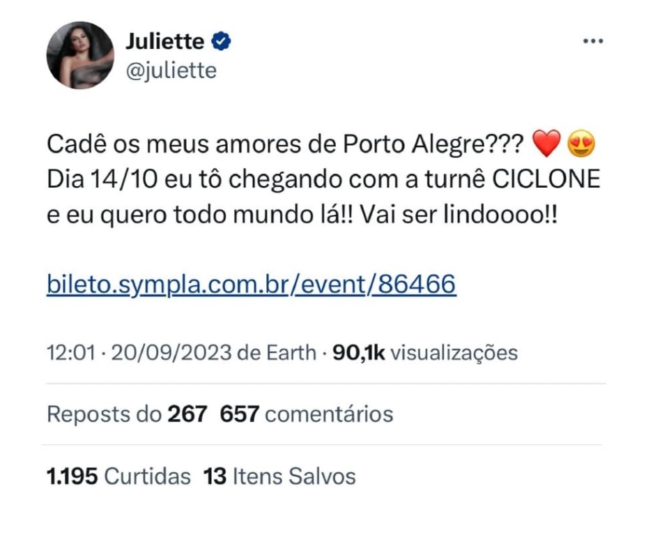 Juliette divulga turnê 'Ciclone' no Rio Grande do Sul e apaga post após críticas