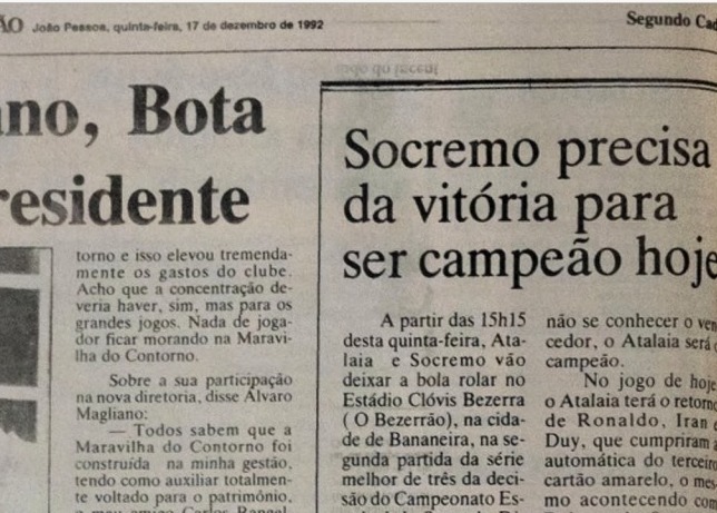 Jornal "A União" faz referência ao jogo decisivo entre Atalaia e Socremo, em 1992