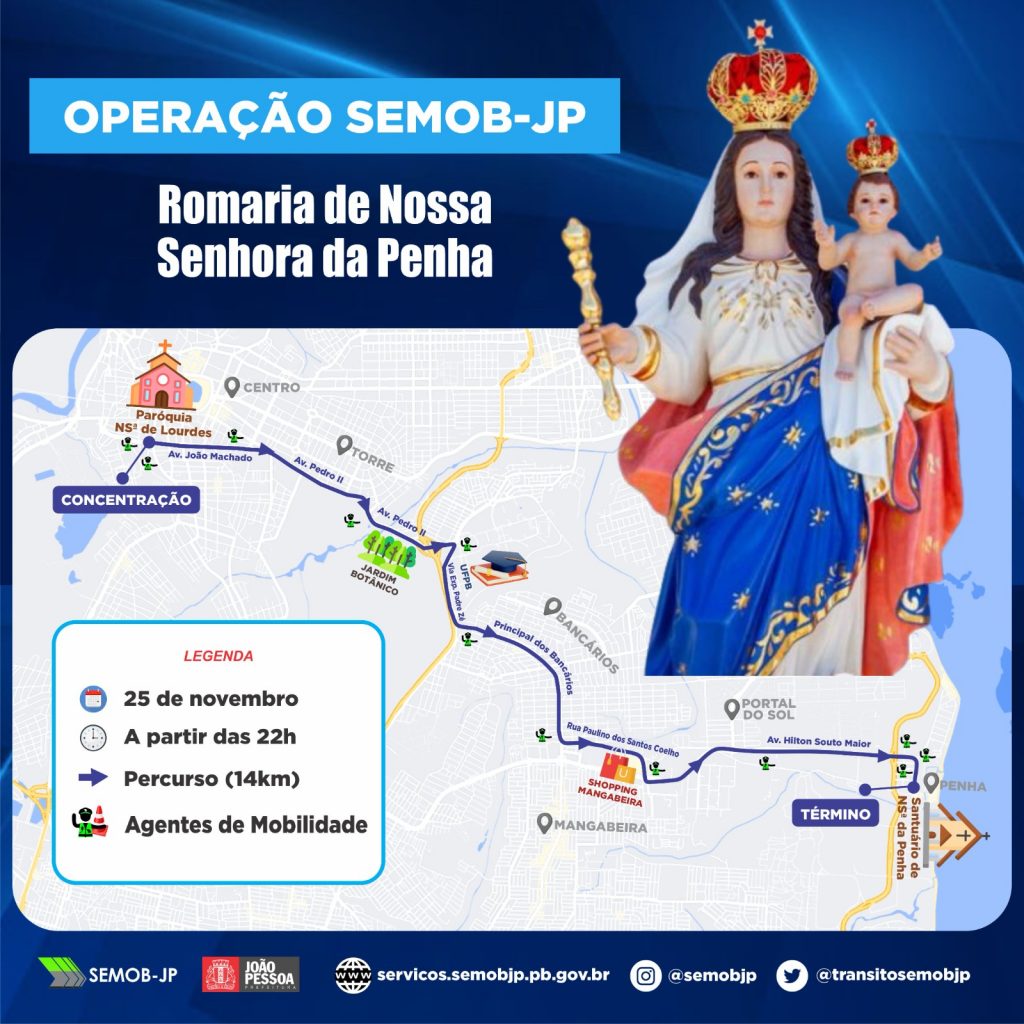 Mapa do trajeto da Romaria da Penha feito pela Superintendência Executiva de Mobilidade Urbana de João Pessoa (Semob-JP).