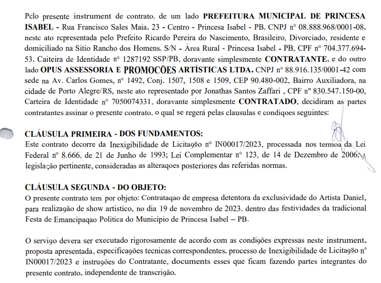 Mesmo com a crise do FPM, prefeitura contrata show de Daniel por R$ 454 mil